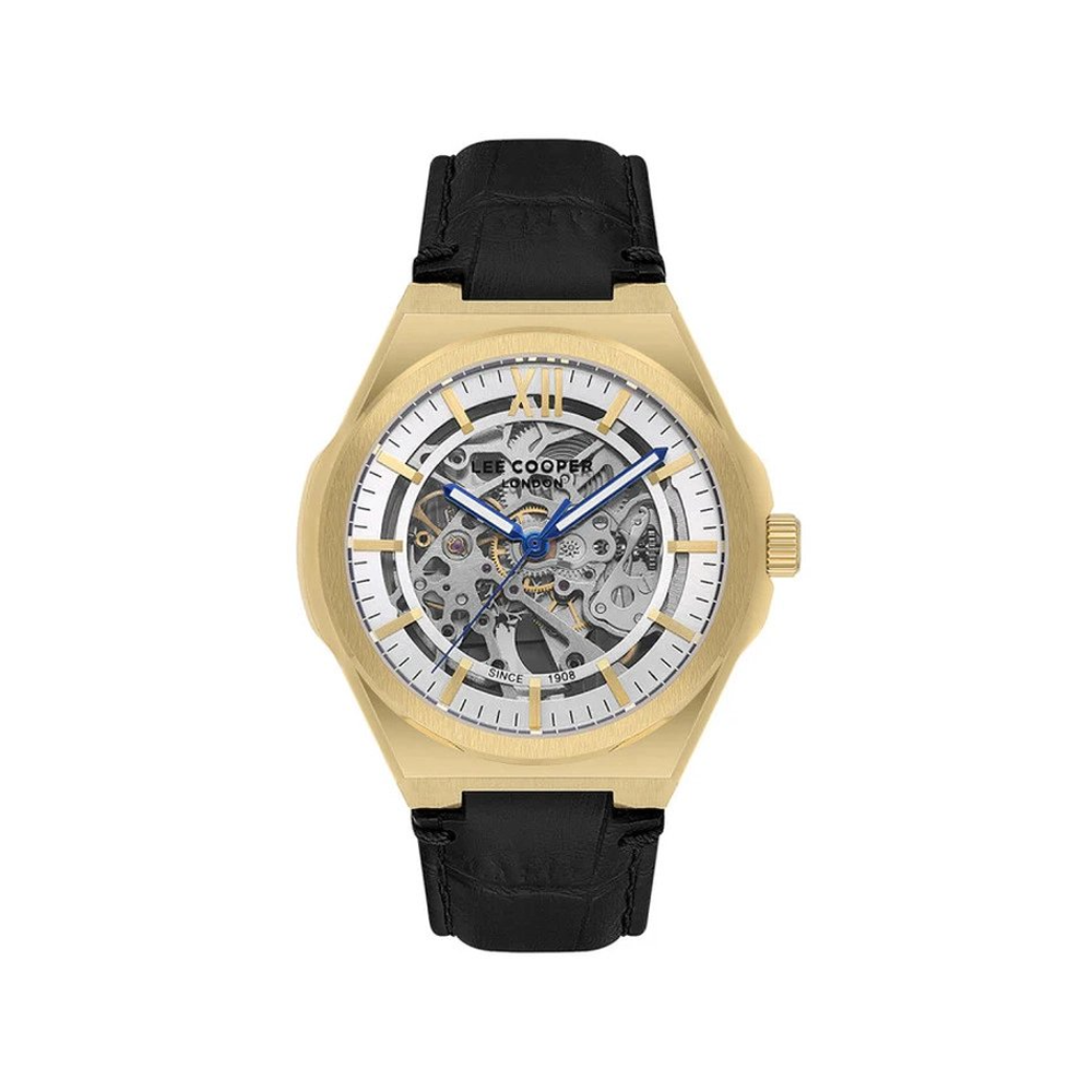 Montre Homme Lee Cooper Arthur, acier doré jaune et cuir noir automatique, LC08050.131 Montre Homme Lee Cooper Arthur, acier doré jaune et cuir noir automatique, LC08050.131