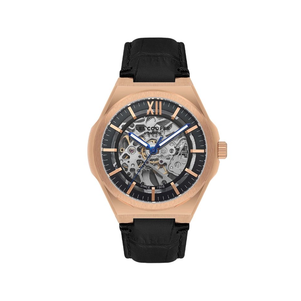 Montre Homme Lee Cooper Arthur, acier doré rose et cuir noir automatique, LC08050.451 Montre Homme Lee Cooper Arthur, acier doré rose et cuir noir automatique, LC08050.451