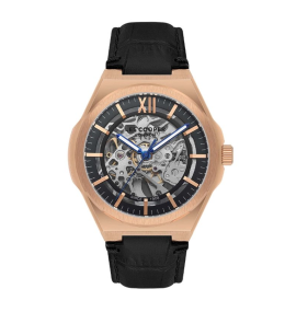 Montre Homme Lee Cooper Arthur, acier doré rose et cuir noir automatique, LC08050.451