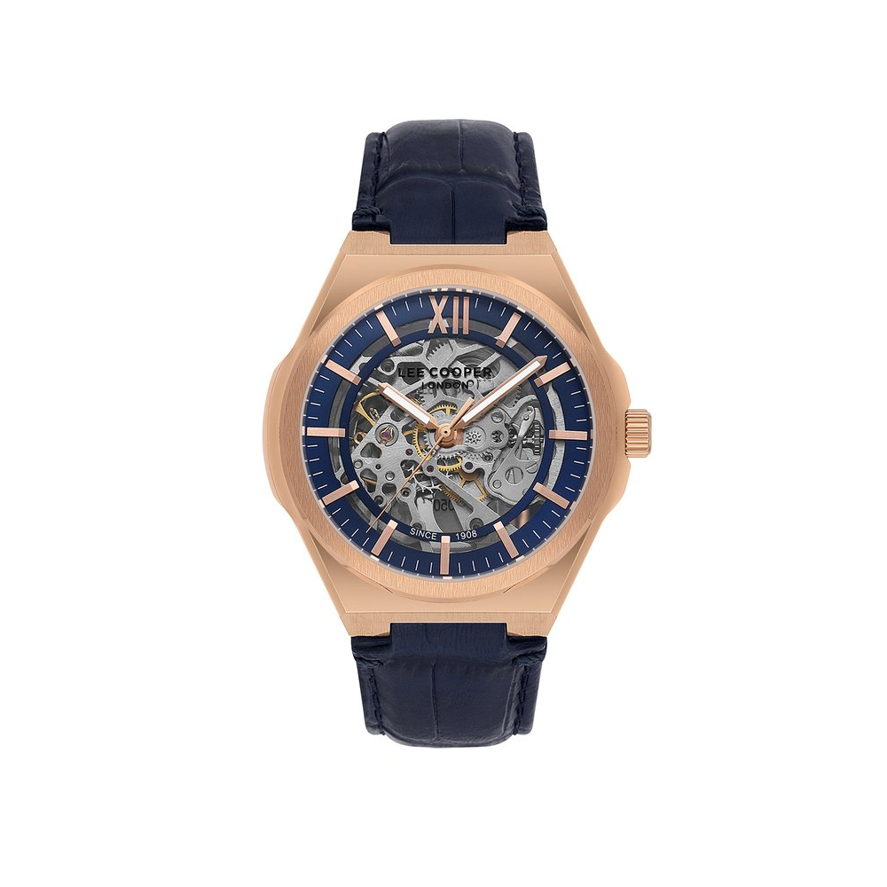 Montre Homme Lee Cooper Arthur, acier doré rose et cuir bleu automatique, LC08050.499