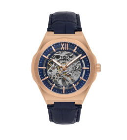 Montre Homme Lee Cooper Arthur, acier doré rose et cuir bleu automatique, LC08050.499