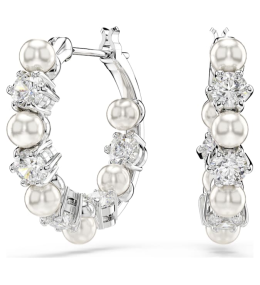 Boucles d'oreilles créoles Swarovski, Matrix Perle de cristal, Taille ronde, Blanches, Métal rhodié, 5709256
