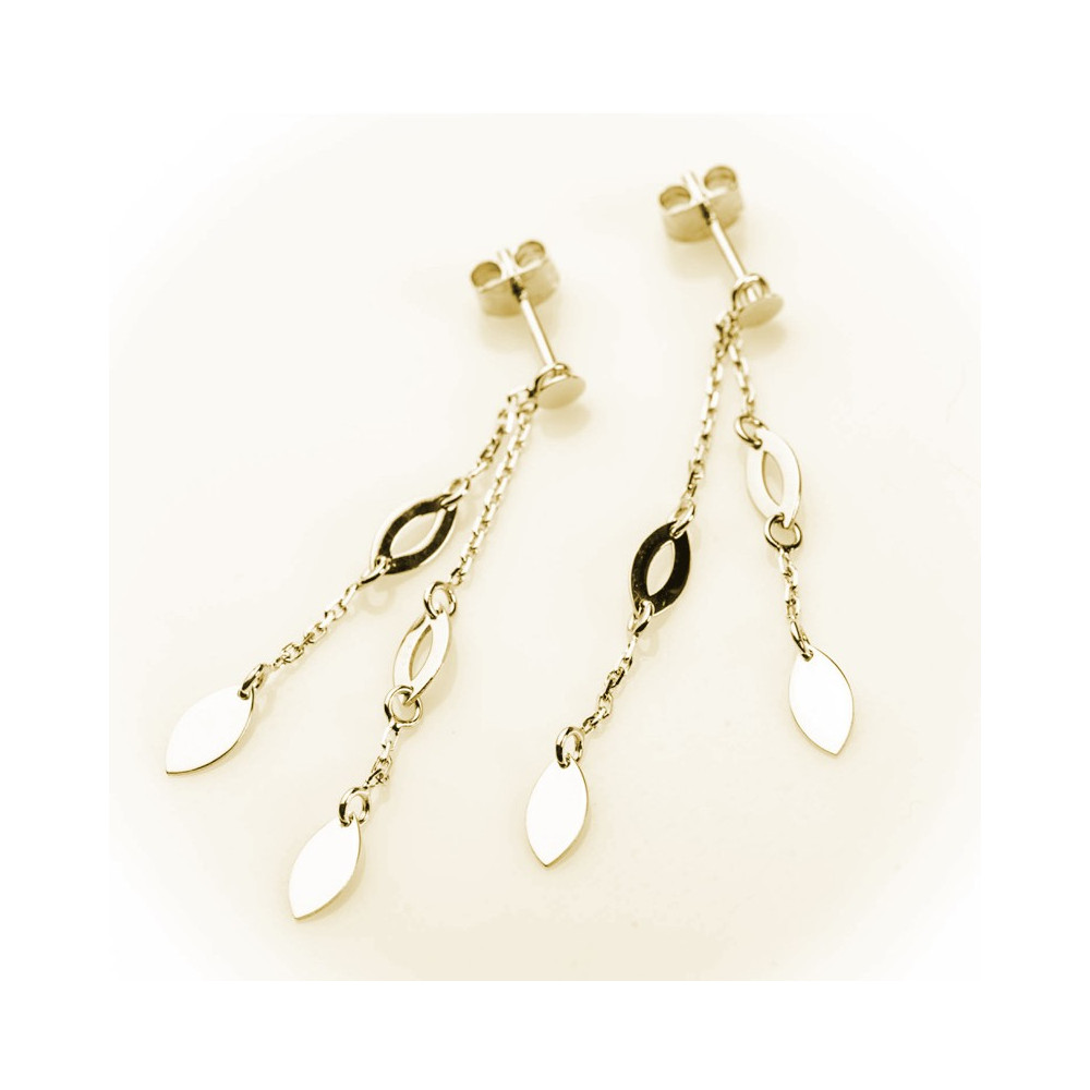 Boucles d'oreilles pendantes or jaune 375/1000, motifs navettes, by Stauffer