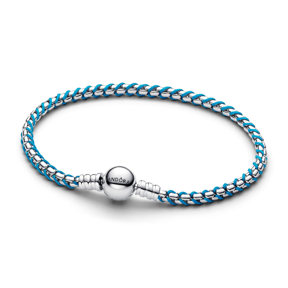 Bracelet Pandora Moments, mailles serpent et cordon textile turquoise en argent 925/1000, 593816C01