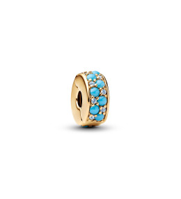 Charm clip Pandora Moments, bleu couleur turquoise en métal doré or jaune 585/1000, 763902C01