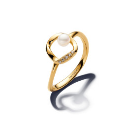 Bague Pandora, Cercle Sinueux avec Perle de Culture d'Eau Douce et Pavé en métal doré or jaune 585/1000, 163831C01