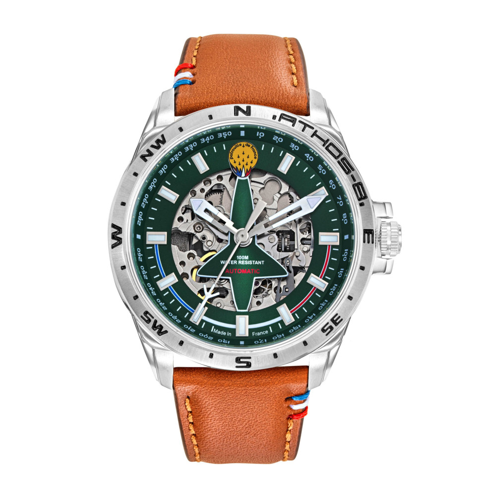 Montre Homme Patrouille De France Athos 8, Automatique, acier, cuir et cadran vert 668143