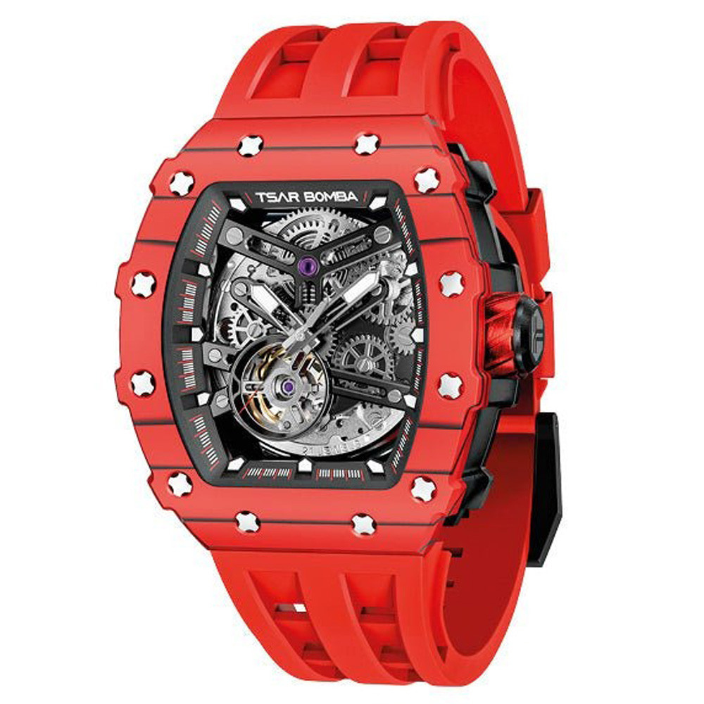 Montre homme Tsar Bomba Elemental collection, Automatique, acier et carbone rouge et silicone TB8208CF37