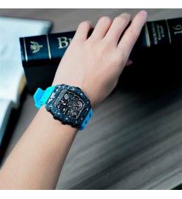 La Montre homme Tsar Bomba Elemental collection, Automatique, acier, carbone noir et bracelet élastomère bleu FKM TB8209CF04