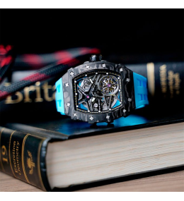 La Montre homme Tsar Bomba Elemental collection, Automatique, acier, carbone noir et bracelet élastomère bleu FKM TB8209CF04
