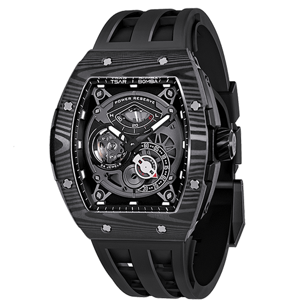 Montre homme Tsar Bomba Elemental collection, Automatique, réserve de marche, carbone noir et élastomère noir FKM TB8210CF01