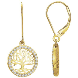 Boucles d'oreilles pendantes plaqué or, arbre de vie éclat d'or et oxydes de zirconium by Stauffer