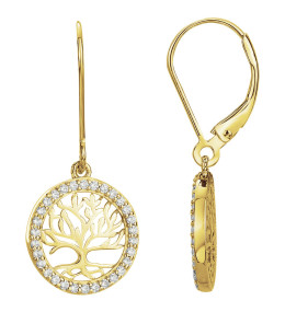 Boucles d'oreilles pendantes plaqué or, arbre de vie éclat d'or et oxydes de zirconium by Stauffer