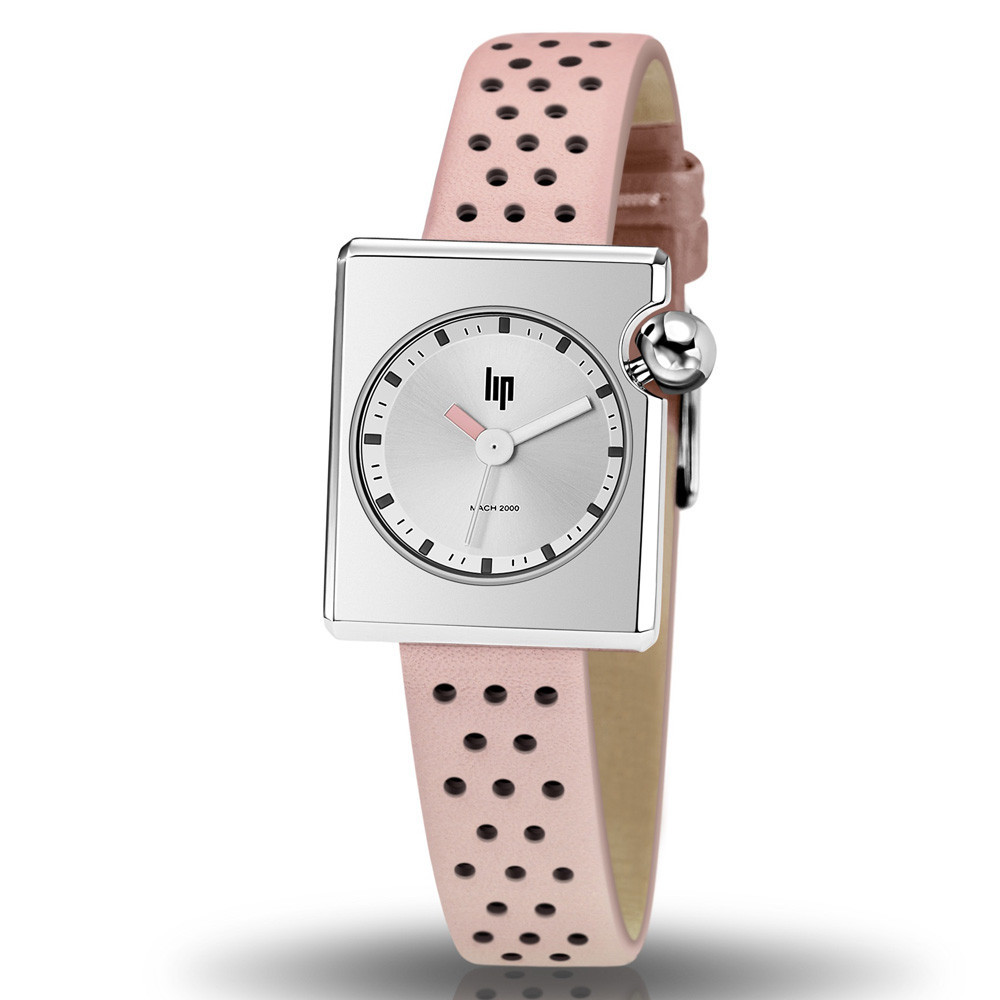 Montre Femme Lip Mach 2000 Mini Square, 30 X 28 mm, quartz, acier et cuir 671182