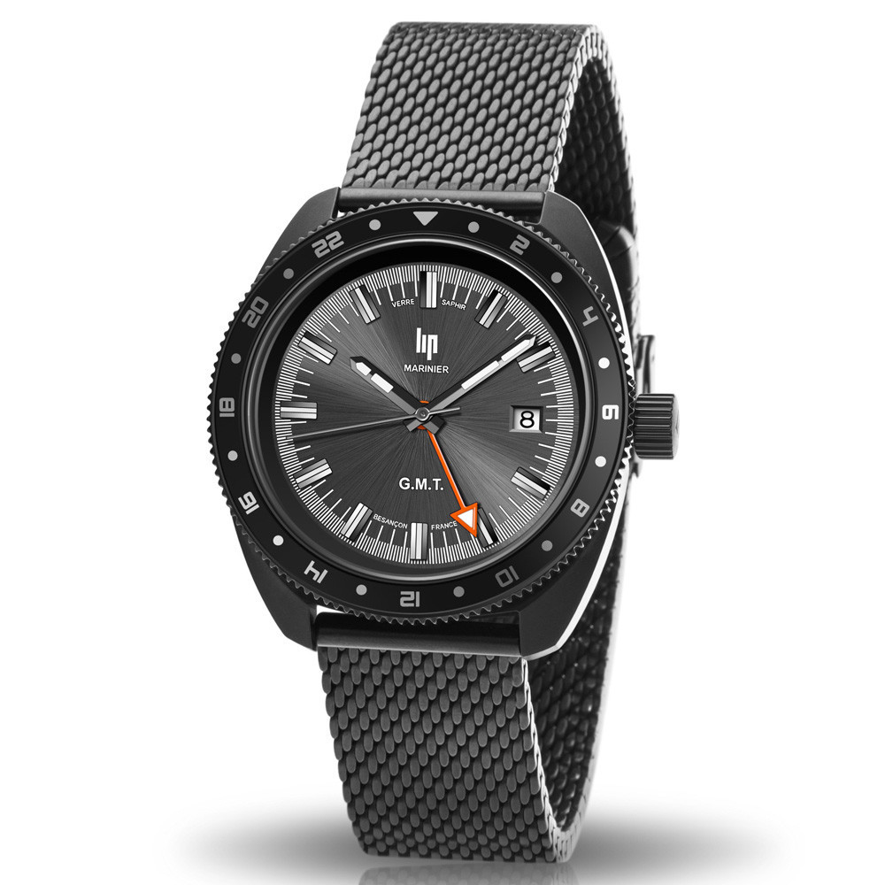 Montre Homme Lip Marinier GMT, 39 mm, Quartz acier PVD noir 671376