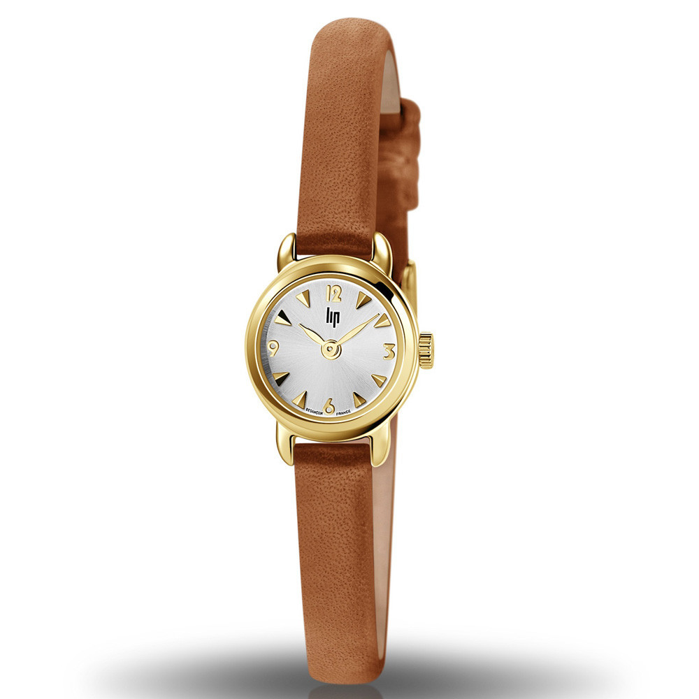 Montre Femme Lip Henriette classique, 18 mm, quartz, acier PVD jaune et cuir 671196