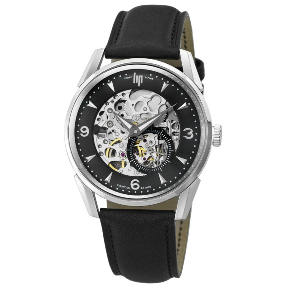 Montre Homme Lip Himalaya, Squelette coeur battant, 40 mm, automatique squelette, acier et cuir 671726