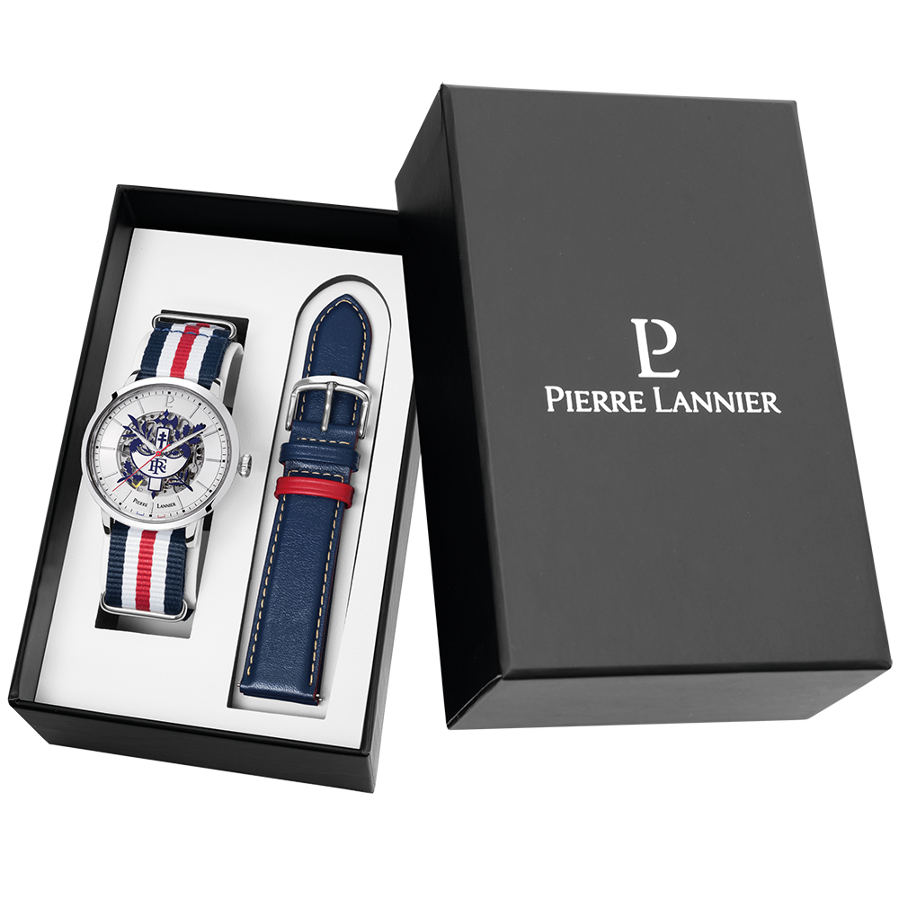 Coffret Montre Homme Pierre Lannier ELYSEE, automatique, acier, nato et cuir 459C129