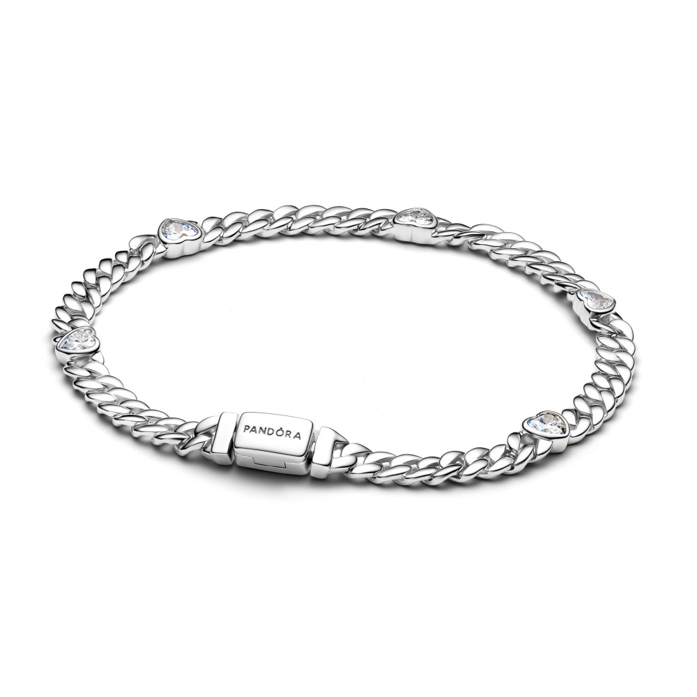 Bracelet Pandora mailles cubaine et coeurs scintillants en argent 925/1000, 594226C01 Bracelet Pandora mailles cubaine et coeurs scintillants en argent 925/1000, 594226C01