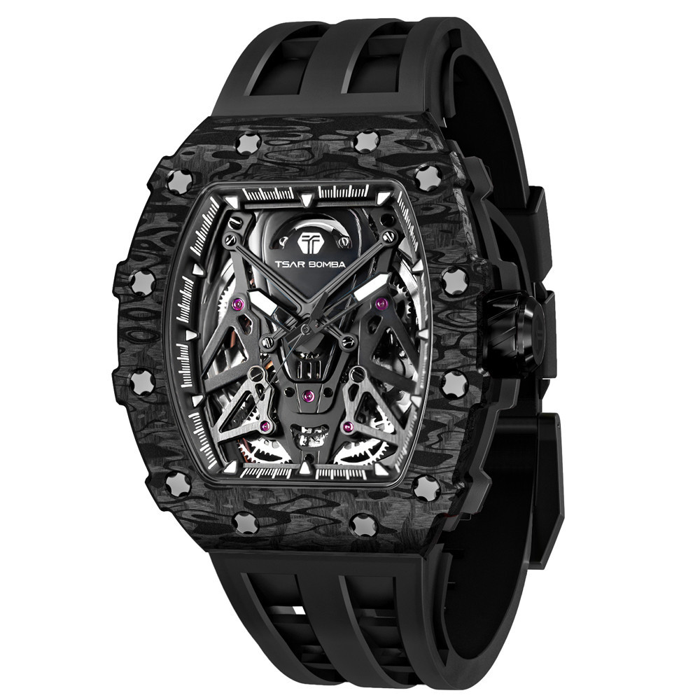 Montre homme Tsar Bomba Elemental collection, Automatique, acier, carbone noir et bracelet élastomère noire FKM TB8207CF01