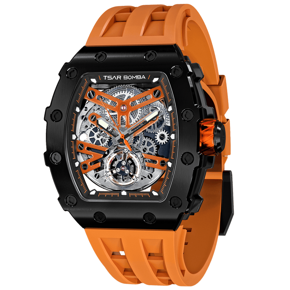 Montre homme Tsar Bomba Elemental collection, Automatique, acier PVD noir et silicone orange TB8208A01