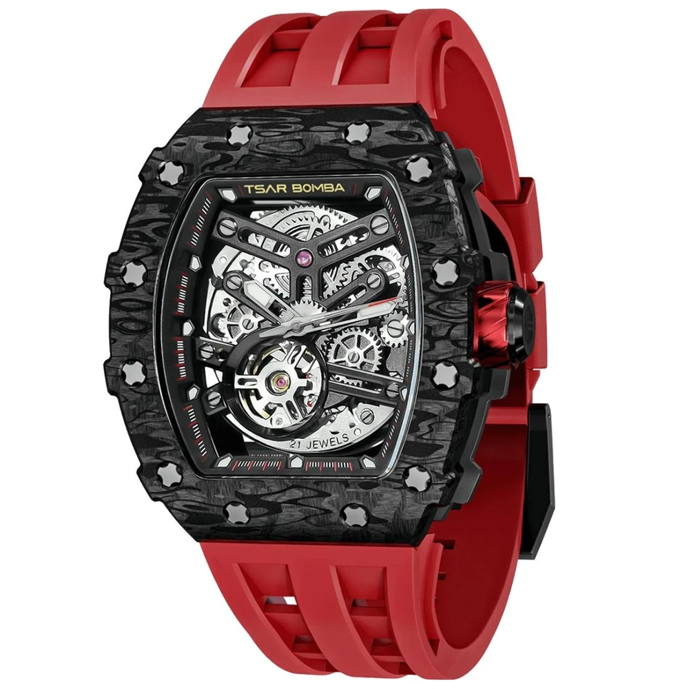 Montre homme Tsar Bomba Elemental collection, Automatique, acier, carbone noir et bracelet élastomère rouge FKM TB8209CF02