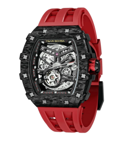 Montre homme Tsar Bomba Elemental collection, Automatique, acier, carbone noir et bracelet élastomère rouge FKM TB8209CF02