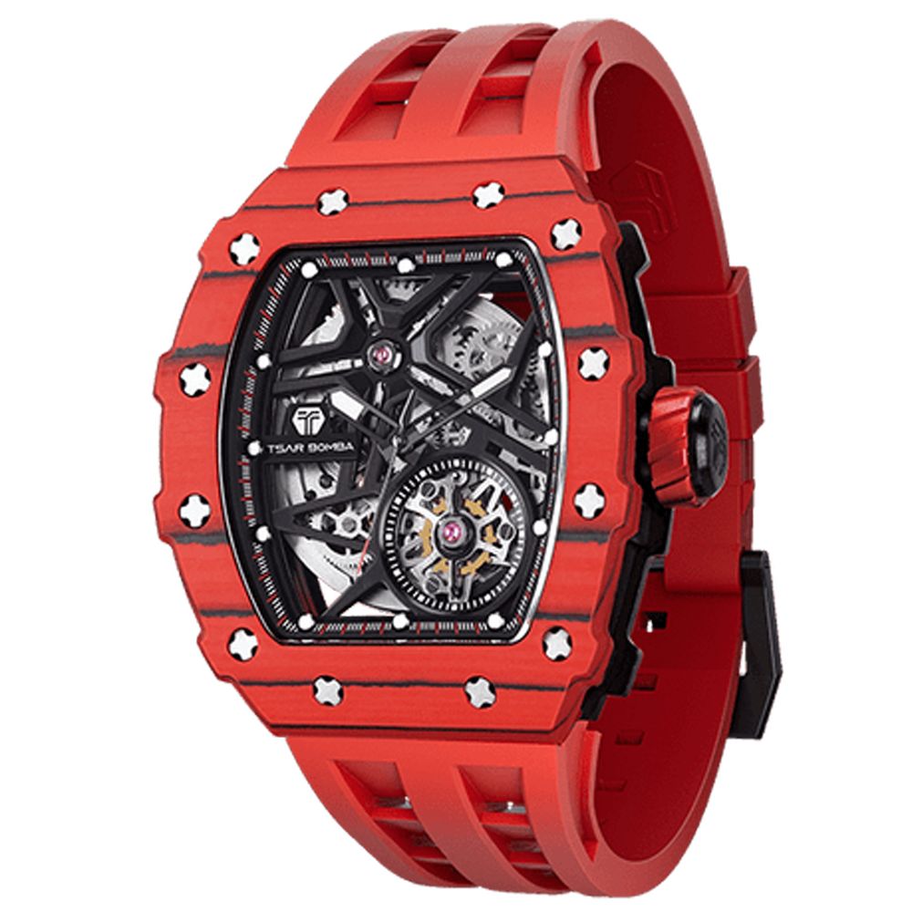 Montre homme Tsar Bomba Elemental collection, Automatique, acier, carbone rouge et bracelet élastomère rouge FKM TB8209CF07
