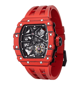 Montre homme Tsar Bomba Elemental collection, Automatique, acier, carbone rouge et bracelet élastomère rouge FKM TB8209CF07