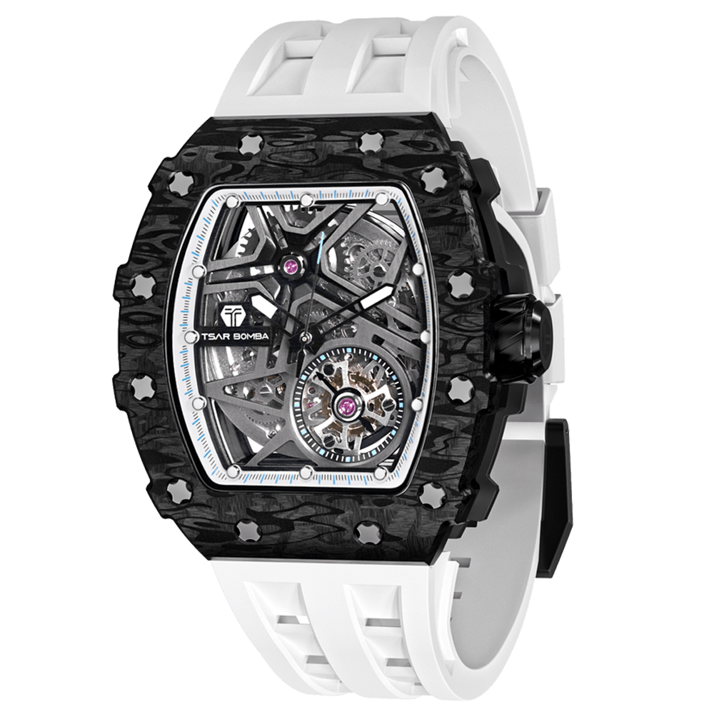 Montre homme Tsar Bomba Elemental collection, Automatique, acier, carbone noir et bracelet élastomère blanc FKM TB8209CF33
