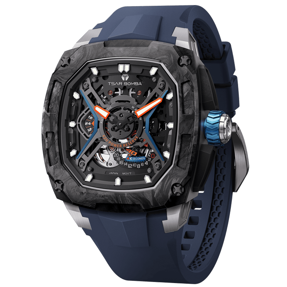 Montre homme Tsar Bomba Dark Master 5, Automatique, acier, carbone noir et bracelet élastomère bleu FKM TB8605CF02