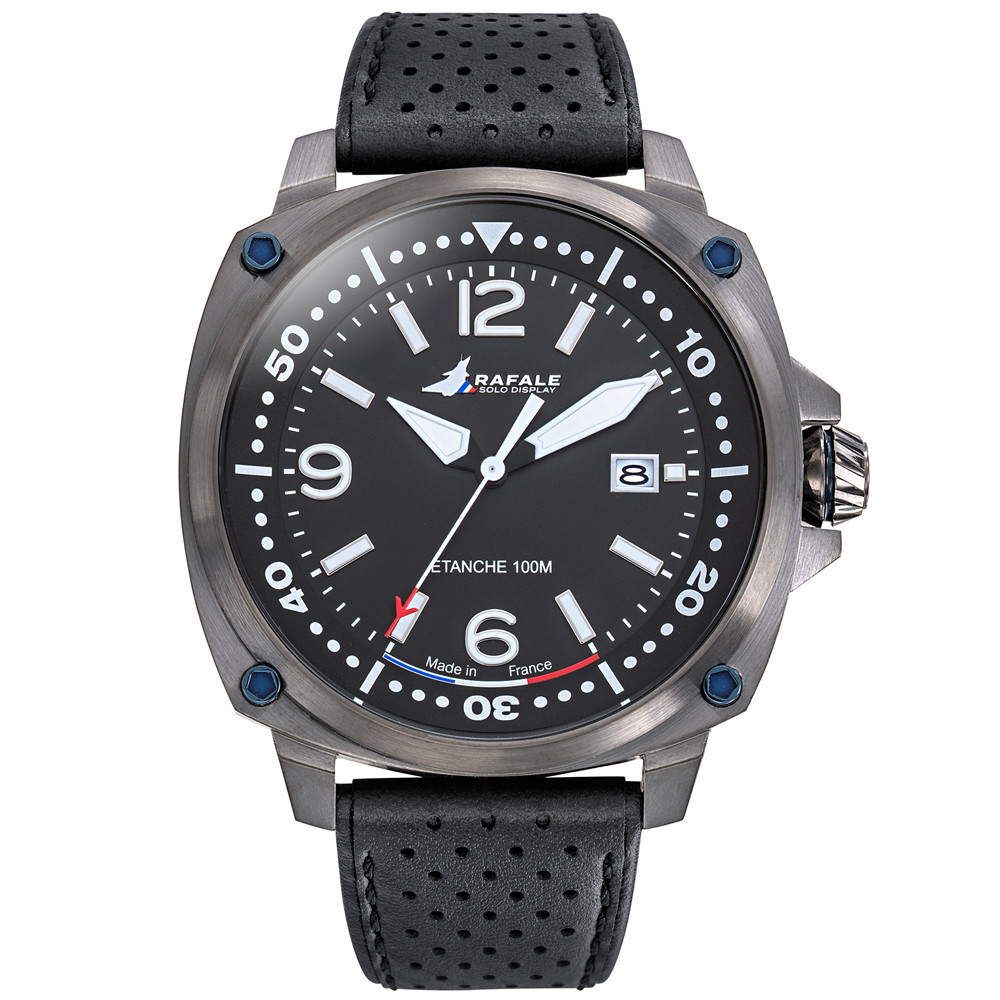Montre Homme Rafale solo display, ligne PILOTE, acier PVD canon de fusil et cuir noir 666035