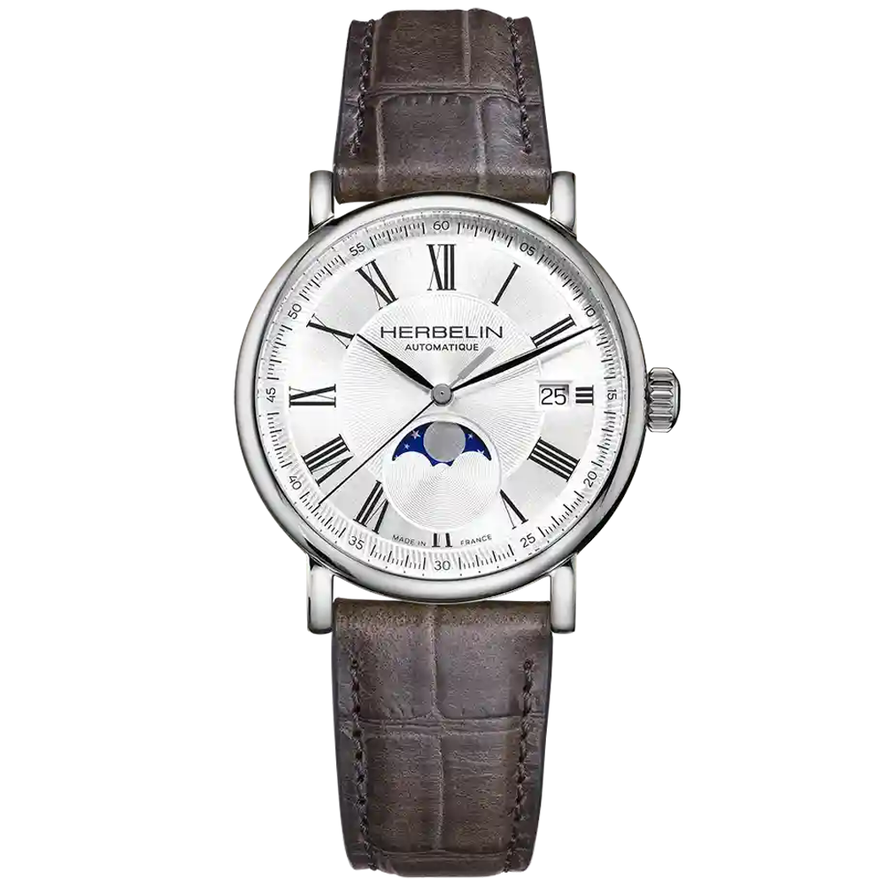 Montre homme Michel Herbelin INSPIRATION Automatique, phase de lune en acier et cuir 2847AP08GR