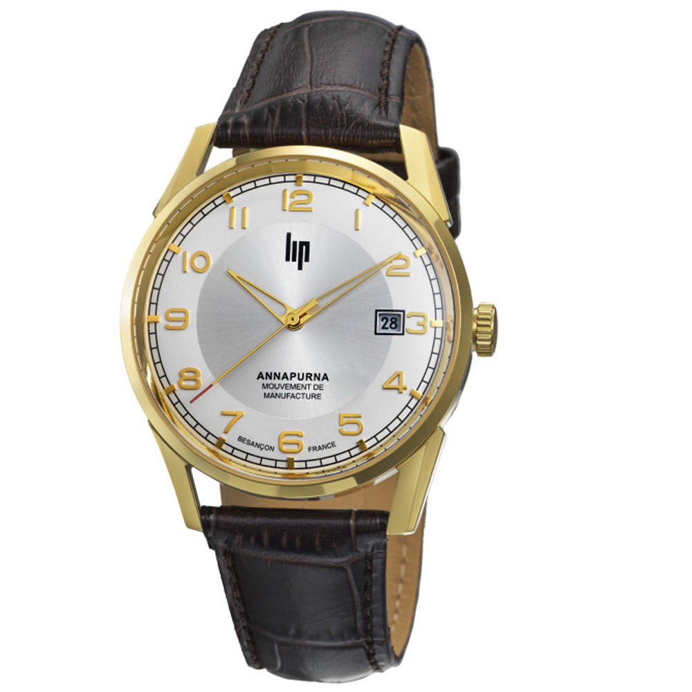 Montre Homme Lip Anapurna Automatique Manufacture 39 mm en acier PVD jaune et cuir 676012
