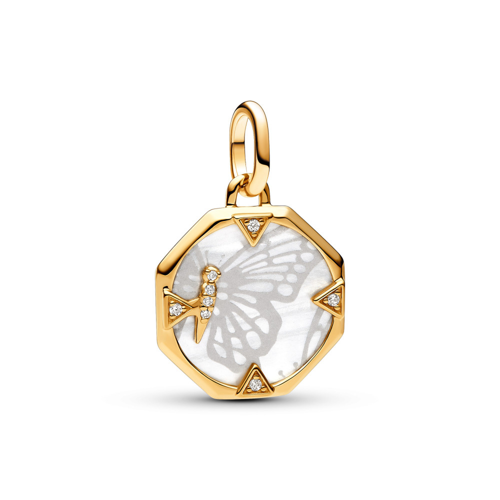 Charm médaillon Pandora papillon nacré en métal doré or jaune 585/1000, 763366C01