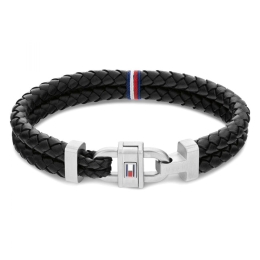 Bracelet homme Tommy Hilfiger, Carabiner, Acier et cuir noir tressé, 2790361