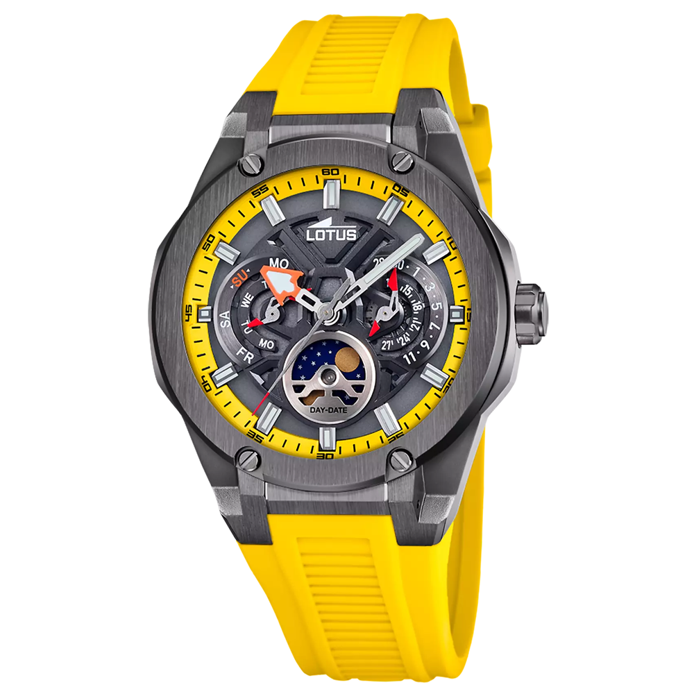 Montre homme LOTUS Vortex, Multifonctions et phase de lune, acier PVD noir et silicone jaune 18943/1