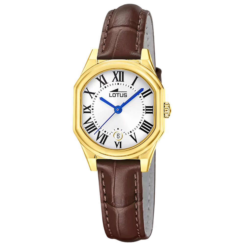 Montre femme LOTUS, Old money argent, acier PVD jaune et cuir 19046/1