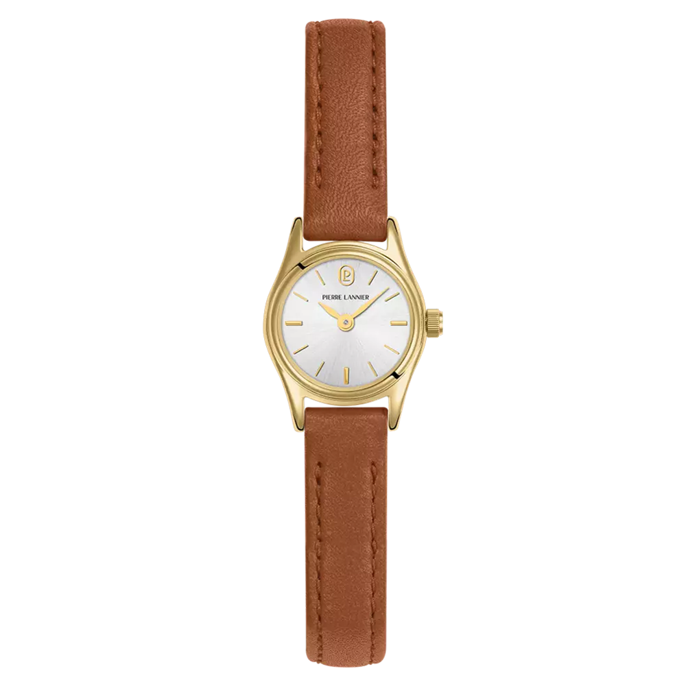 Montre Femme Pierre Lannier Pya, acier PVD jaune et cuir brun 091M524