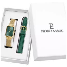 Coffret montre Femme Pierre Lannier ARIANE, acier PVD jaune et 1 bracelet cuir vert 172F572