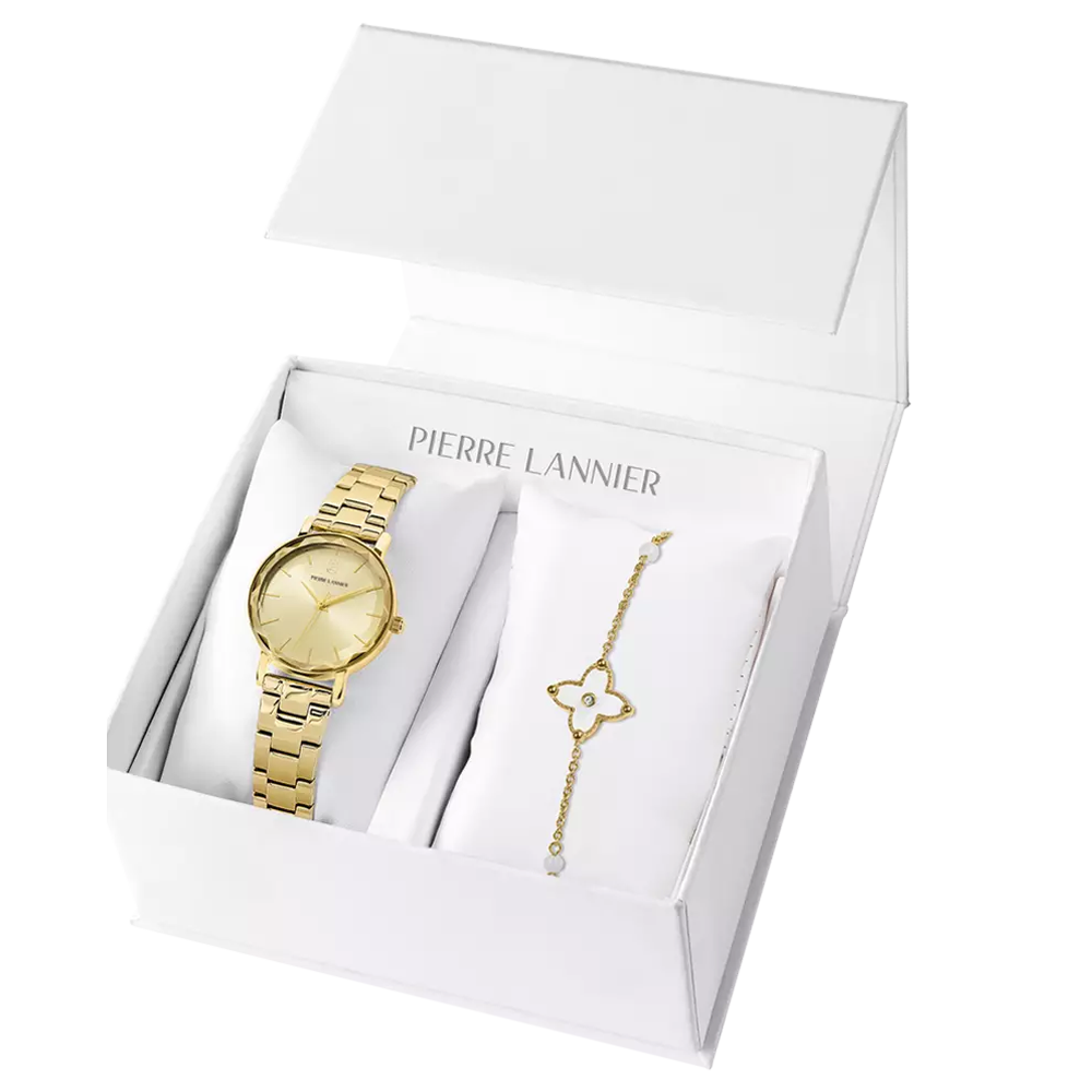 Coffret montre Femme Pierre Lannier MULTIPLES, acier PVD jaune et 1 bijou bracelet acier 178G542