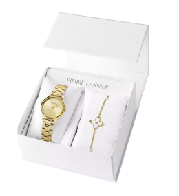 Coffret montre Femme Pierre Lannier MULTIPLES, acier PVD jaune et 1 bijou bracelet acier 178G542
