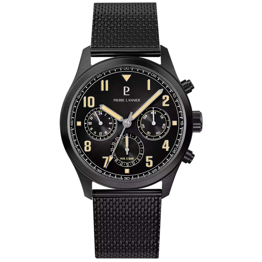 Montre Homme Pierre Lannier AVIATEUR, multifonctions en acier PVD noir 258M439