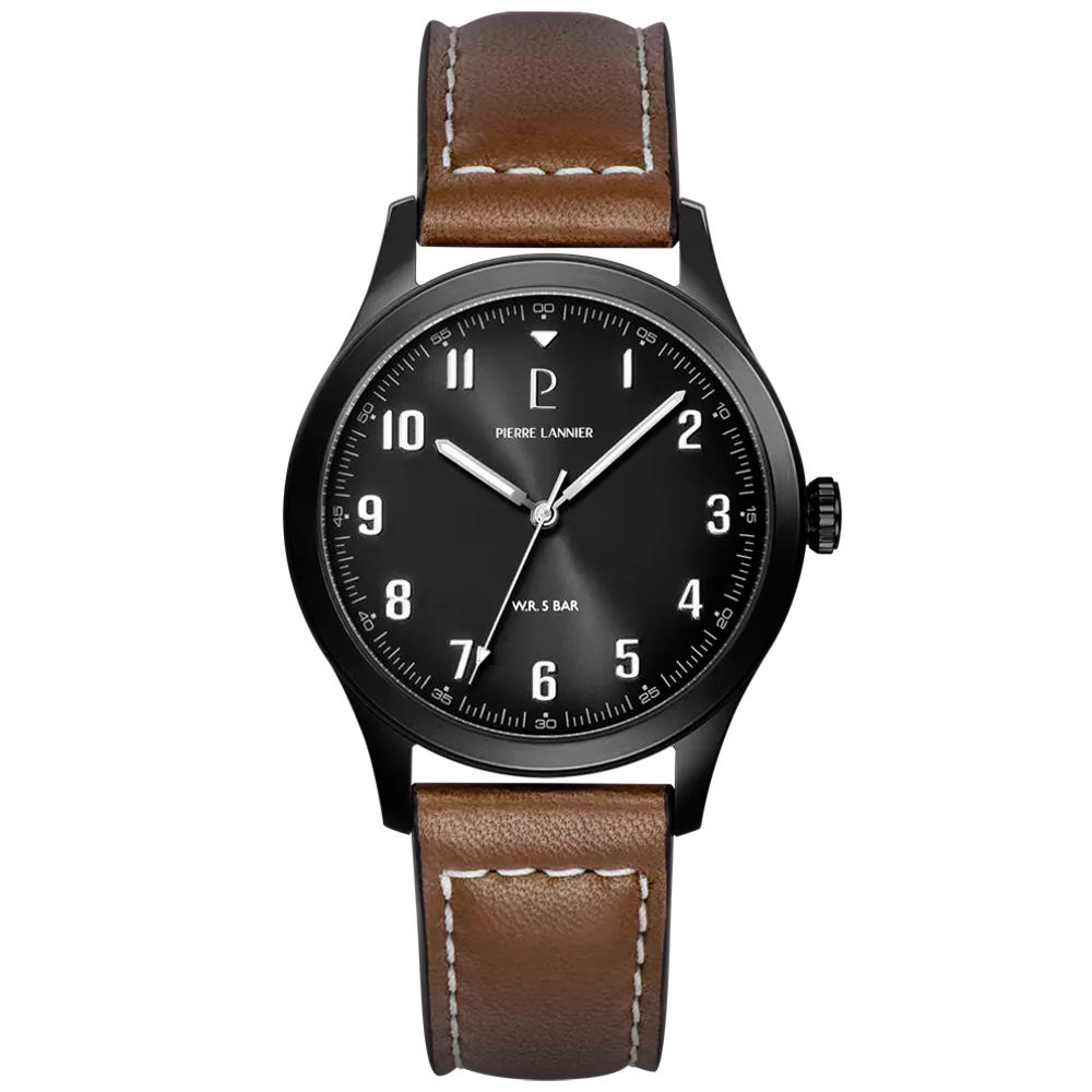 Montre Homme Pierre Lannier AVIATEUR  en acier PVD noir et cuir brun 261K434