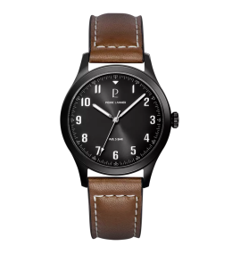 Montre Homme Pierre Lannier AVIATEUR  en acier PVD noir et cuir brun 261K434