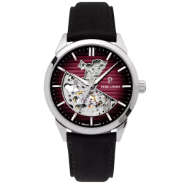 Homme Pierre Lannier MONARCK, Automatique en acier et cuir noir avec cadran bordeaux 315D153