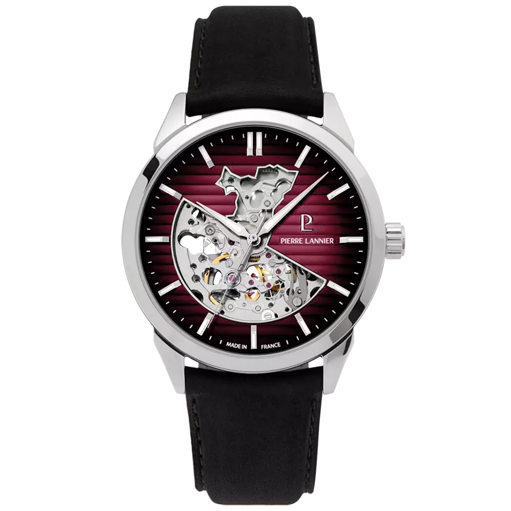 Homme Pierre Lannier MONARCK, Automatique en acier et cuir noir avec cadran bordeaux 315D153