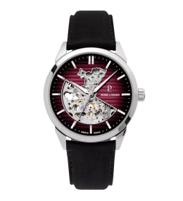 Homme Pierre Lannier MONARCK, Automatique en acier et cuir noir avec cadran bordeaux 315D153
