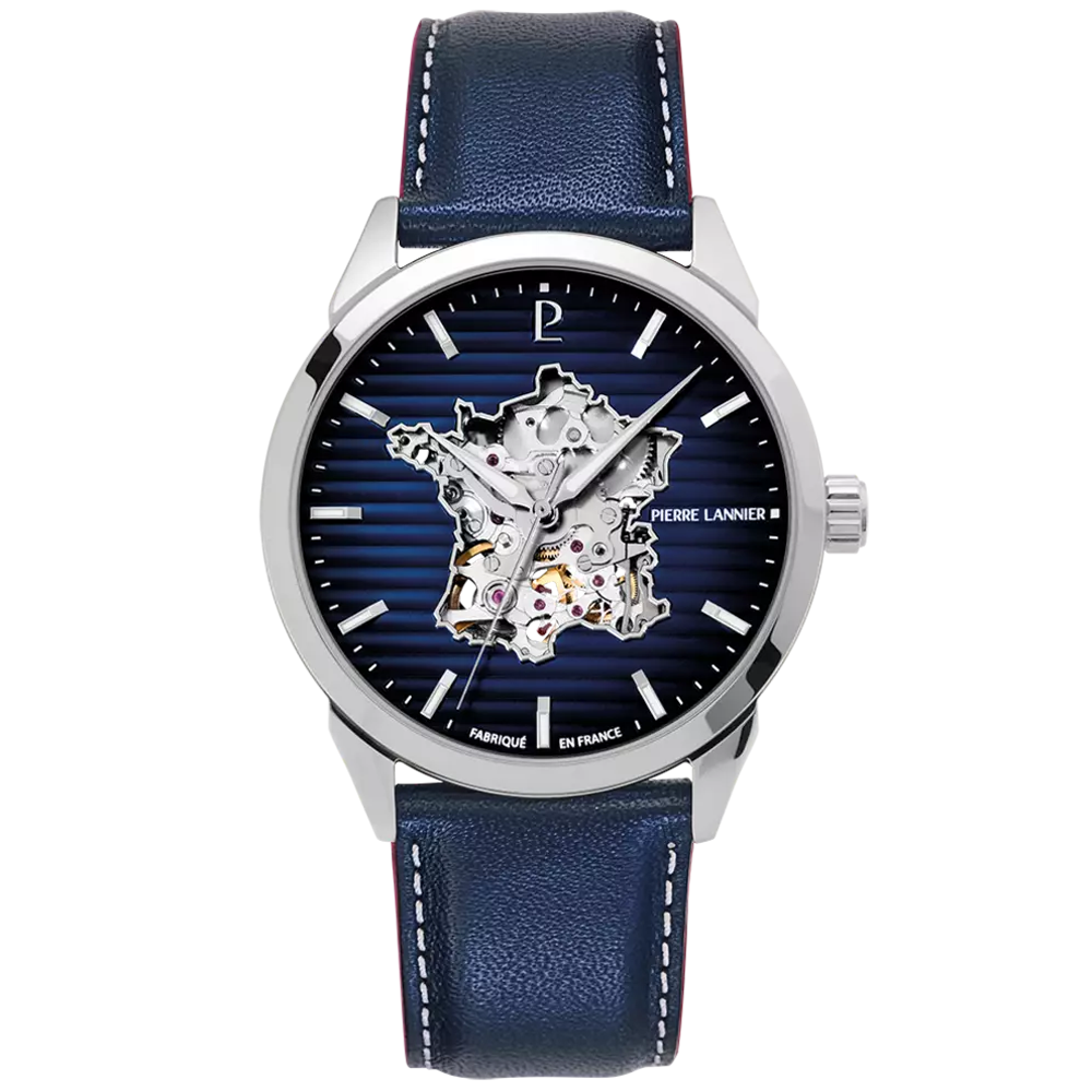 Homme Pierre Lannier MONARCK, Automatique en acier et cuir bleu avec cadran bleu 316F166