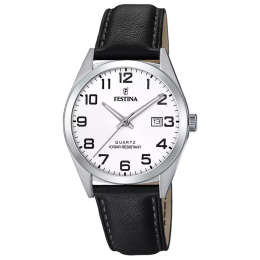 Montre homme Festina Classics 3 aiguilles, date en acier cadran blanc et bracelet cuir 20446/1